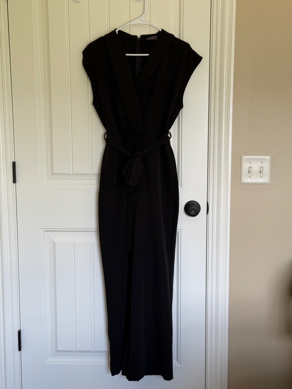 Dress Forum Black Cap-Sleeve Wrap Jumpsuit with Waist Tie Belt